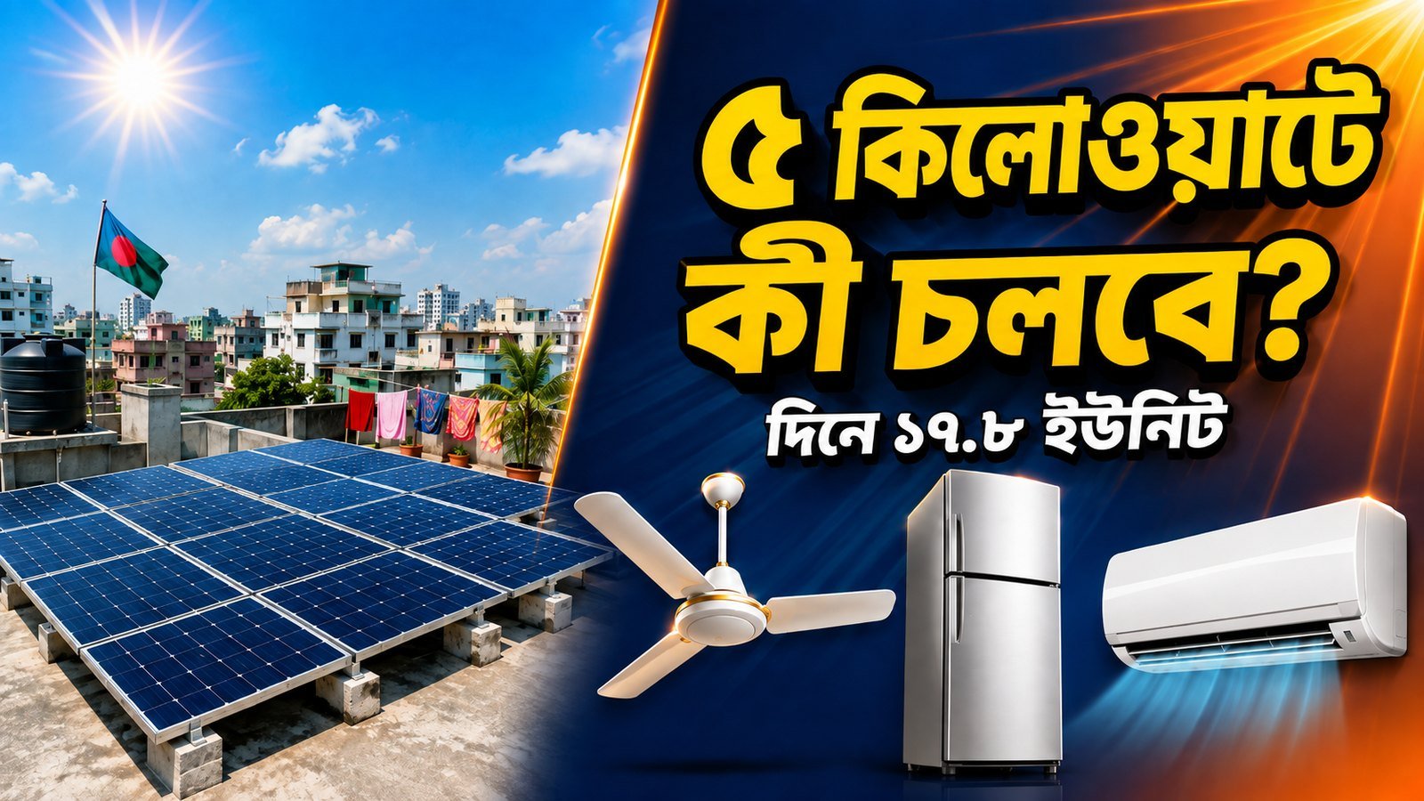 ৫ কিলোওয়াট সোলার সিস্টেমে কী কী চলবে — ফ্যান, ফ্রিজ ও এসির বাস্তব হিসাব