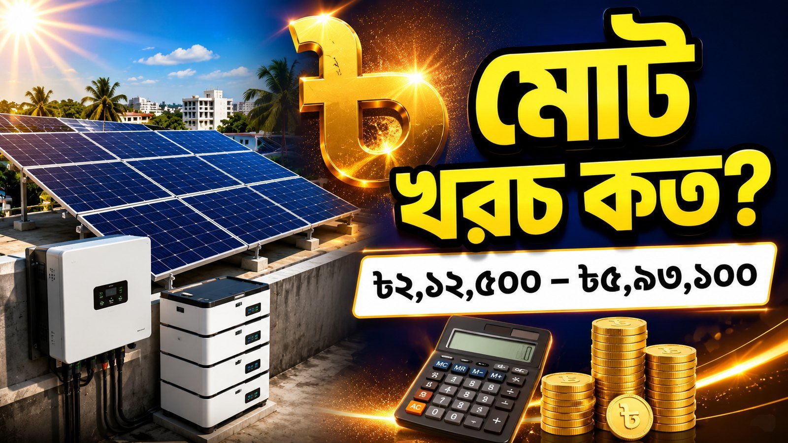 বাংলাদেশে সোলার সিস্টেমের মোট খরচ ৳২,১২,৫০০ থেকে ৳৫,৯৩,১০০