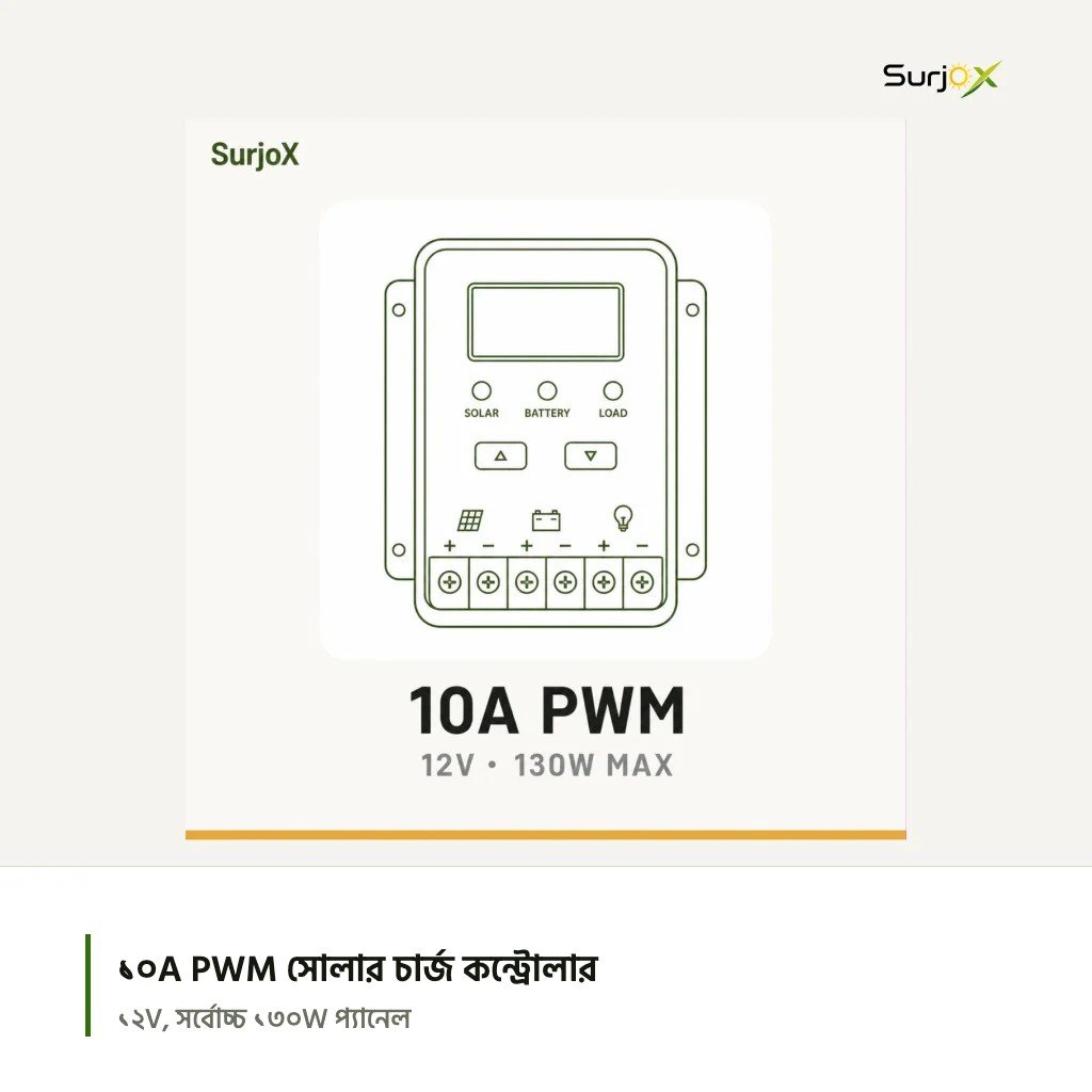 সারজ্স ১০A PWM সোলার চার্জ কন্ট্রোলার: ১২V, সর্বোচ্চ ১৩০W প্যানেল সারজ্স ১০A PWM সোলার চার্জ কন্ট্রোলার: ১২V, সর্বোচ্চ ১৩০W প্যানেল