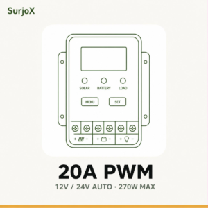 সারজ্স ২০A PWM সোলার চার্জ কন্ট্রোলার — ১২V/২৪V অটো, সর্বোচ্চ ২৭০W প্যানেল