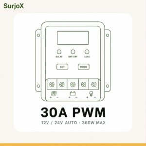 সারজ্স ৩০A PWM সোলার চার্জ কন্ট্রোলার — ১২V/২৪V অটো, সর্বোচ্চ ৩৬০W প্যানেল
