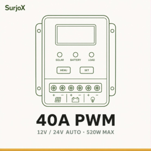 সারজ্স ৪০A PWM সোলার চার্জ কন্ট্রোলার — ১২V/২৪V অটো, সর্বোচ্চ ৫২০W প্যানেল