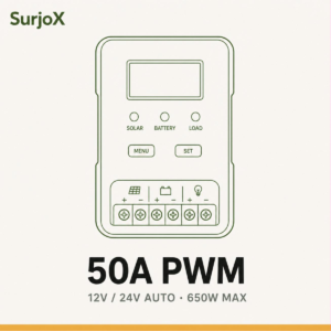সারজ্স ৫০A PWM সোলার চার্জ কন্ট্রোলার — ১২V/২৪V অটো, সর্বোচ্চ ৬৫০W প্যানেল
