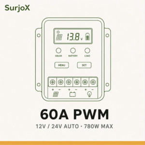 সারজ্স ৬০A PWM সোলার চার্জ কন্ট্রোলার — ১২V/২৪V অটো, সর্বোচ্চ ৭৮০W প্যানেল