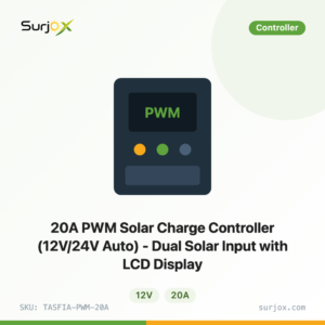 20A PWM Solar Charge Controller (12V/24V Auto) - Dual Solar Input with LCD Display