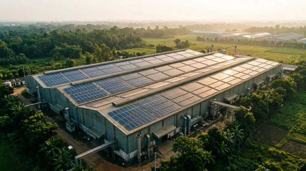 কারখানার ছাদে সোলার প্যানেল, industrial rooftop solar Bangladesh