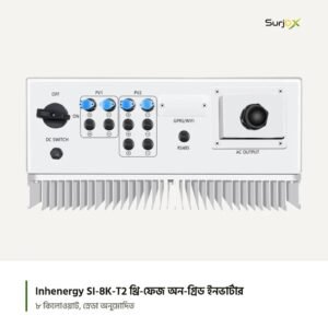 Inhenergy SI-8K-T2 নিচের সংযোগ: ডিসি সুইচ, PV1, PV2, RS485, এসি আউটপুট