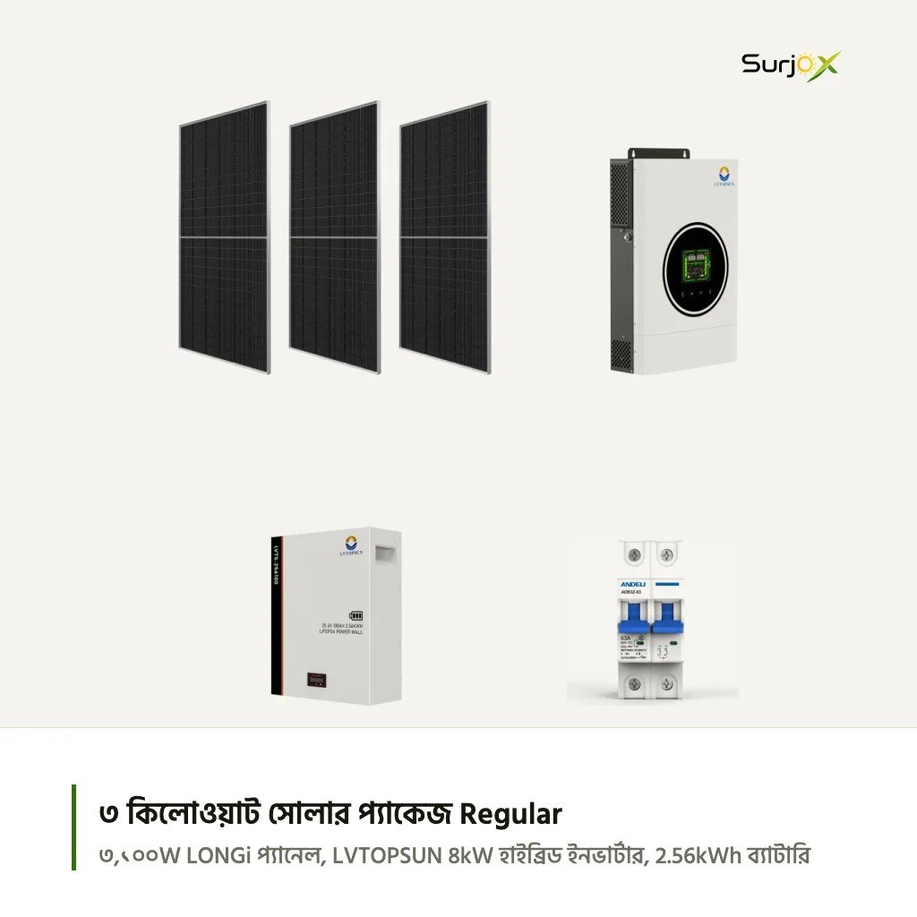 ৩ কিলোওয়াট সোলার প্যাকেজ Regular এর যন্ত্রাংশ ৩ কিলোওয়াট Regular হাইব্রিড সোলার প্যাকেজের যন্ত্রাংশ: LONGi 620W সোলার প্যানেল, LVTOPSUN LVTS-4KW-HYD হাইব্রিড ইনভার্টার, LVTS-256100 লিথিয়াম ব্যাটারি ও ANDELI ডিসি সার্কিট ব্রেকার