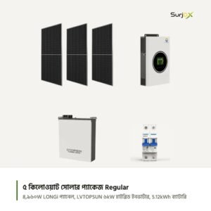 ৫ কিলোওয়াট Regular হাইব্রিড সোলার প্যাকেজের যন্ত্রাংশ: LONGi 620W সোলার প্যানেল, LVTOPSUN LVTS-6KW-HYD হাইব্রিড ইনভার্টার, LVTS-512100-NS লিথিয়াম ব্যাটারি ও ANDELI ডিসি সার্কিট ব্রেকার