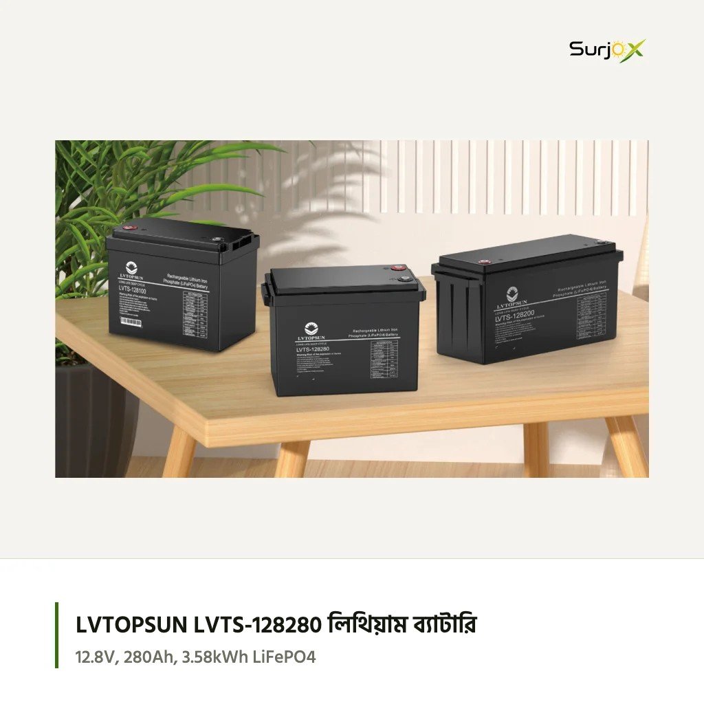 LVTOPSUN LVTS-128280, ডেটাশিটের ছবি LVTOPSUN LVTS-128280 12.8V 280Ah লিথিয়াম ব্যাটারি (মাঝে), বাঁয়ে LVTS-128100, ডানে LVTS-128200