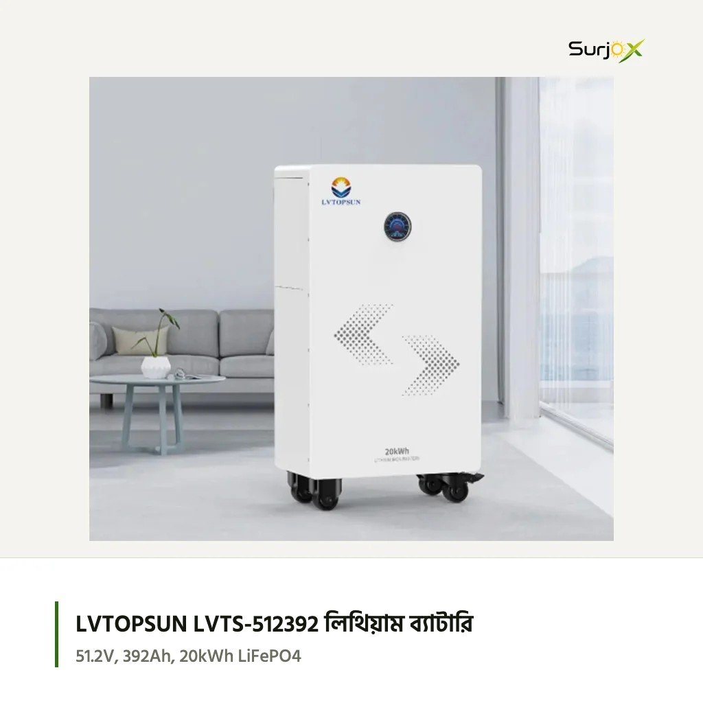 LVTOPSUN LVTS-512392, বাসায় বসানো LVTOPSUN LVTS-512392 51.2V 392Ah 20kWh ব্যাটারি, সামনে টাচস্ক্রিন ডিসপ্লে ও নিচে চাকা